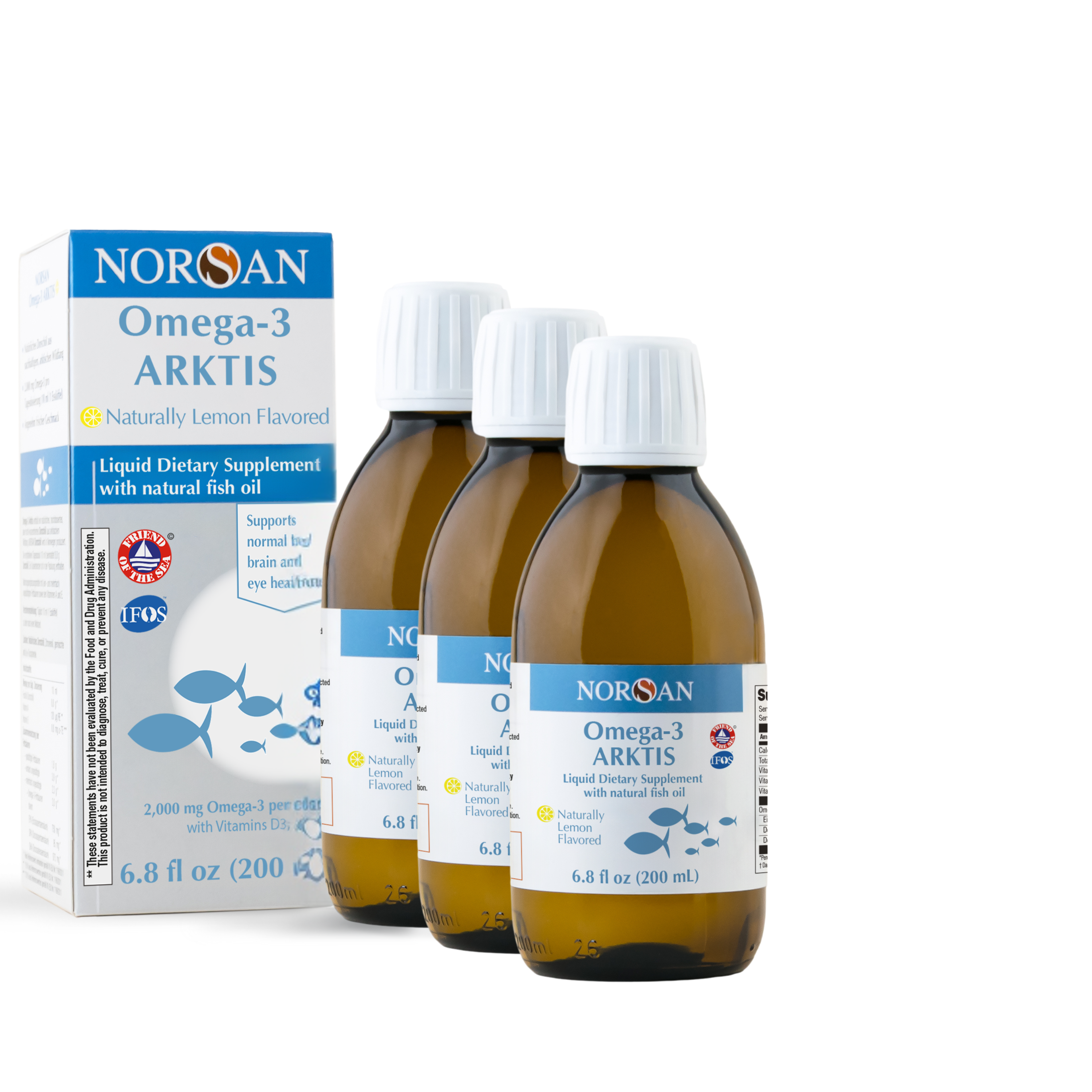 XMAS SET of 3x NORSAN OMEGA-3 ARKTIS: Naturally Lemon Flavored - 6.8 fl oz (200 ml) + Christmas Gift