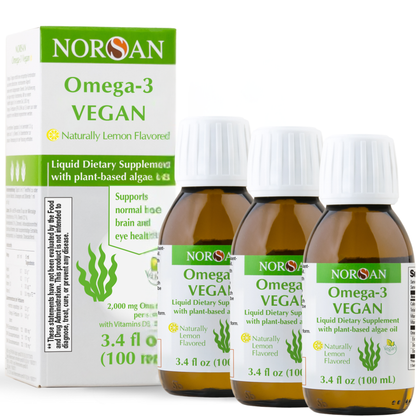 XMAS SET of 3x NORSAN OMEGA-3 VEGAN: Naturally Lemon Flavored - 3.4 fl oz (100 ml) + Christmas Gift